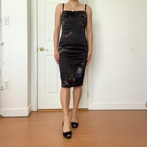 Mandalay Painted Black Bodycon Floral Midi Dress 8 Vintage Hoco Prom Bridesmaid